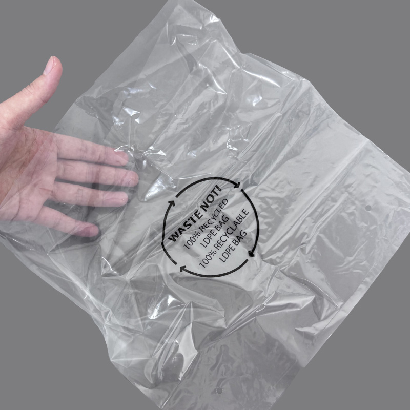 Clear 100 percent recycled LDPE packaging bag for multiple applications